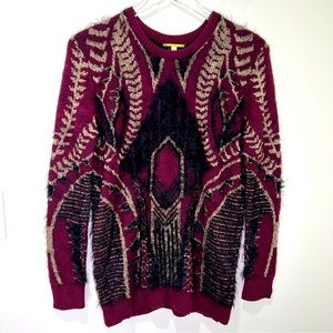 Gianni Bini Art Deco Fuzzy Metallic Sweater Sz S Gold Purple‎ Black Crewneck